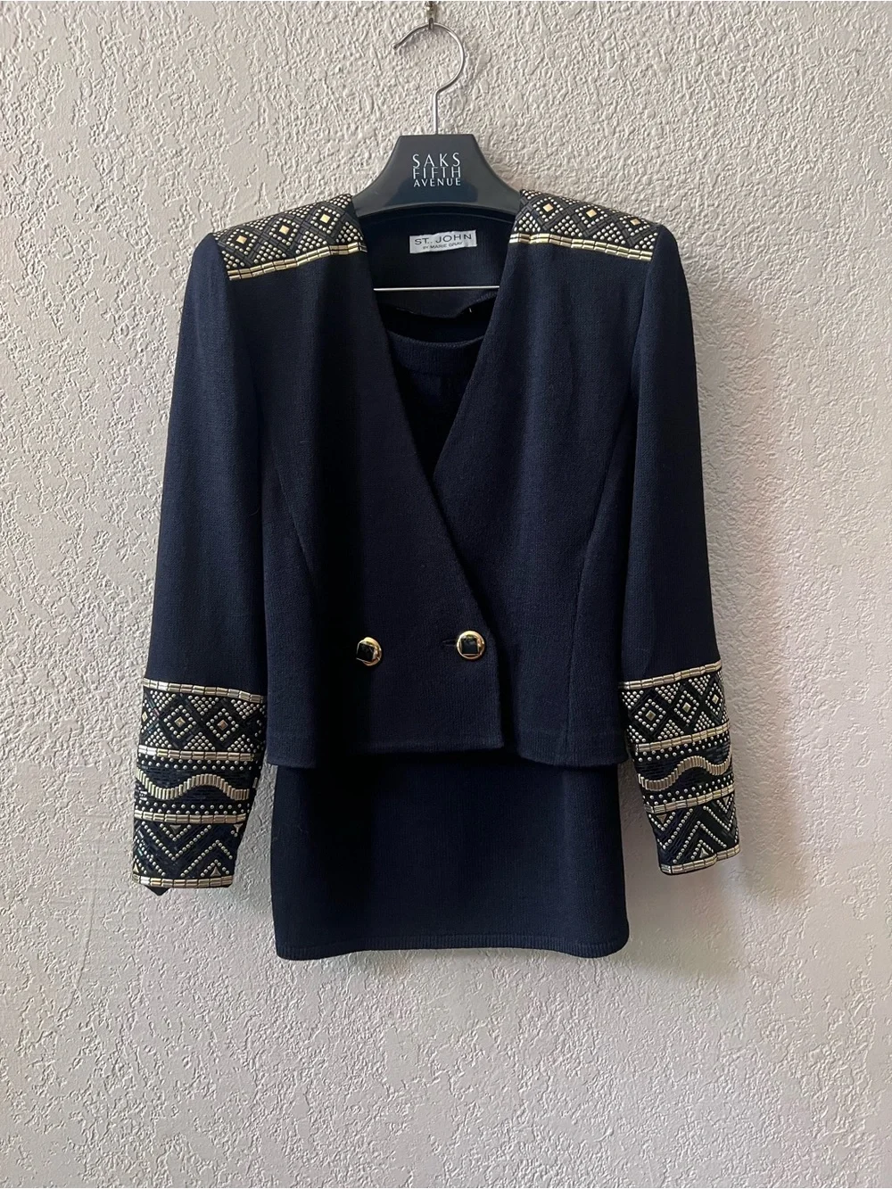 St John Evening Black Double Breasted Knit Suit with Gold Beading SZ 6 Geometric - Picture 2 of 14